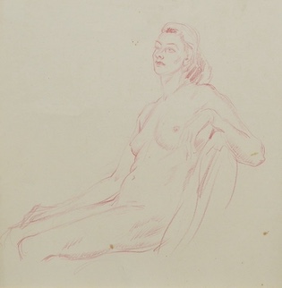 A 20th century School, sanguine chalk, Study of a seated nude woman, unsigned, 25 x 24.5cm, mounted, unframed. Condition - fair, some spots of foxing